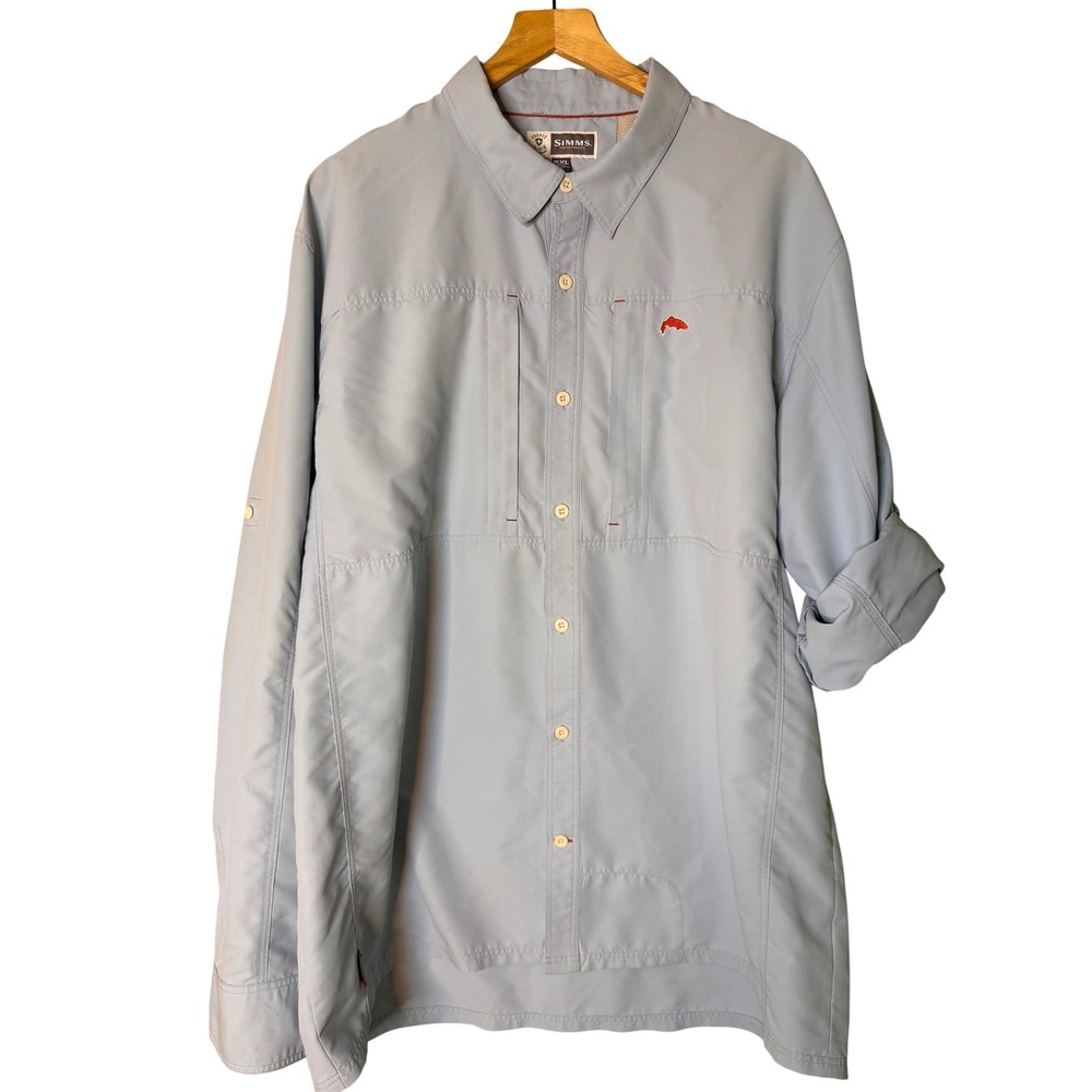Simms Mens XXL Fishing Shirt Light Blue Insect Shield Long Sleeve Button Up Vent